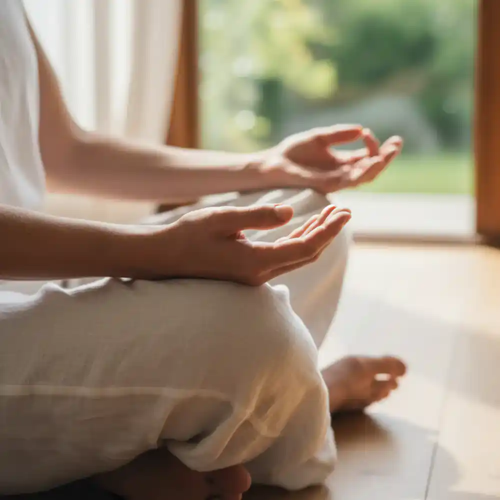 Close up of hands resting on knees during meditation