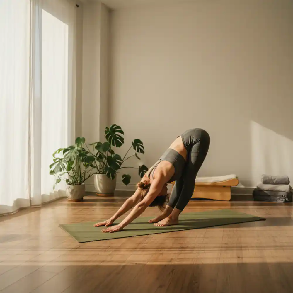 Person stretching on a premium natural rubber mat in a calm, sunlit room