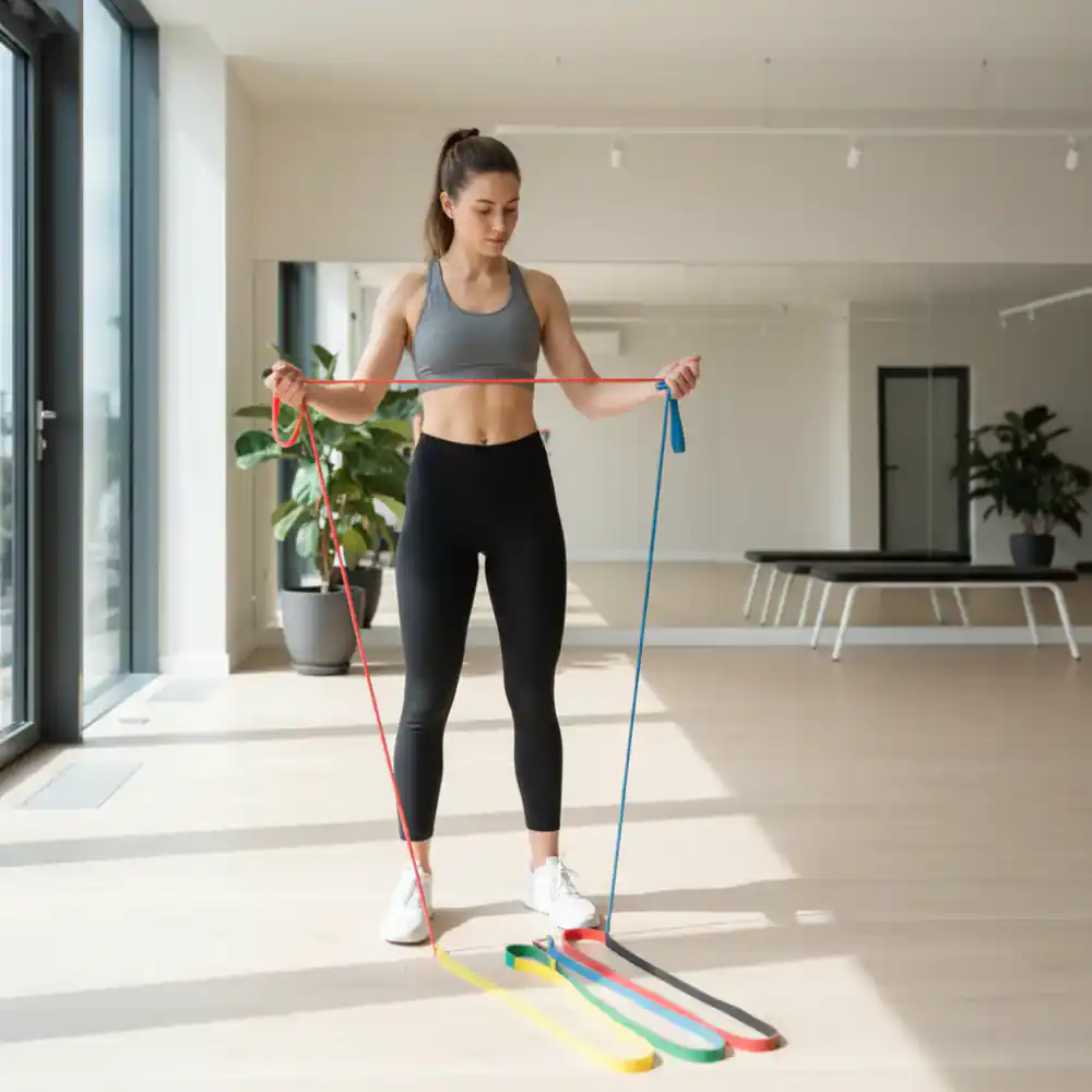 Person evaluating resistance bands in a well-lit studio