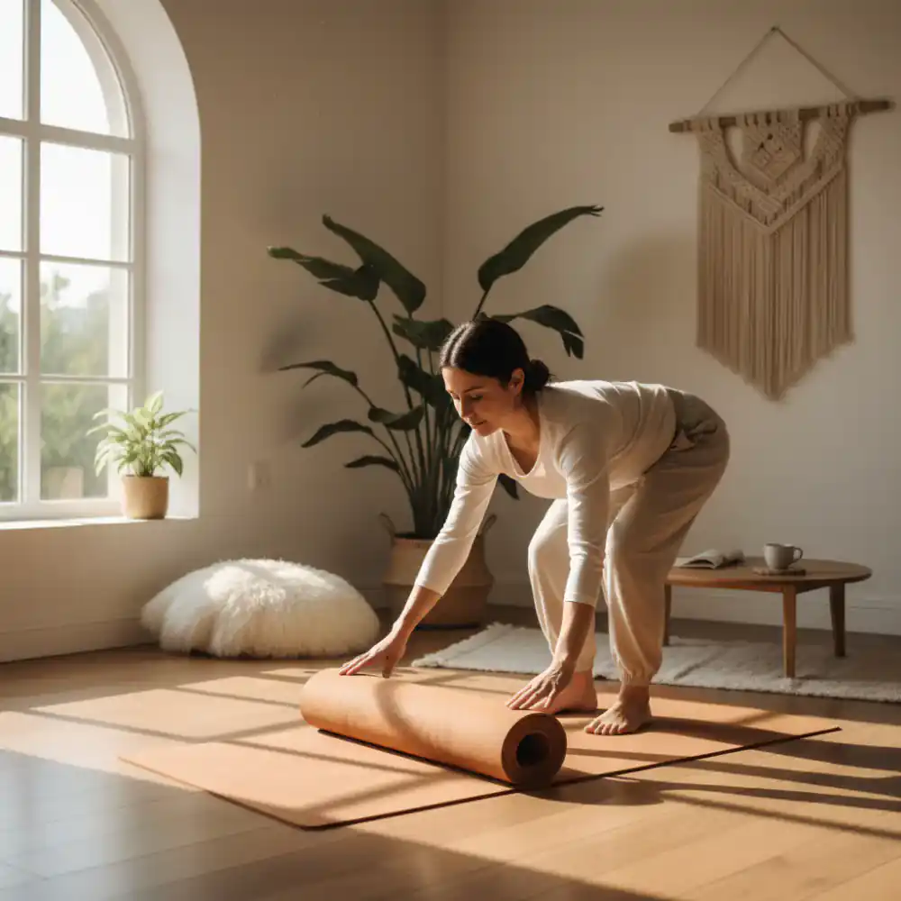 Person unrolling a natural rubber yoga mat in a sunlit room